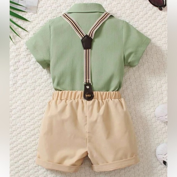 Baby boy bow front shirt and suspender shorts set, 18-24 months, green/tan - Picture 2 of 10